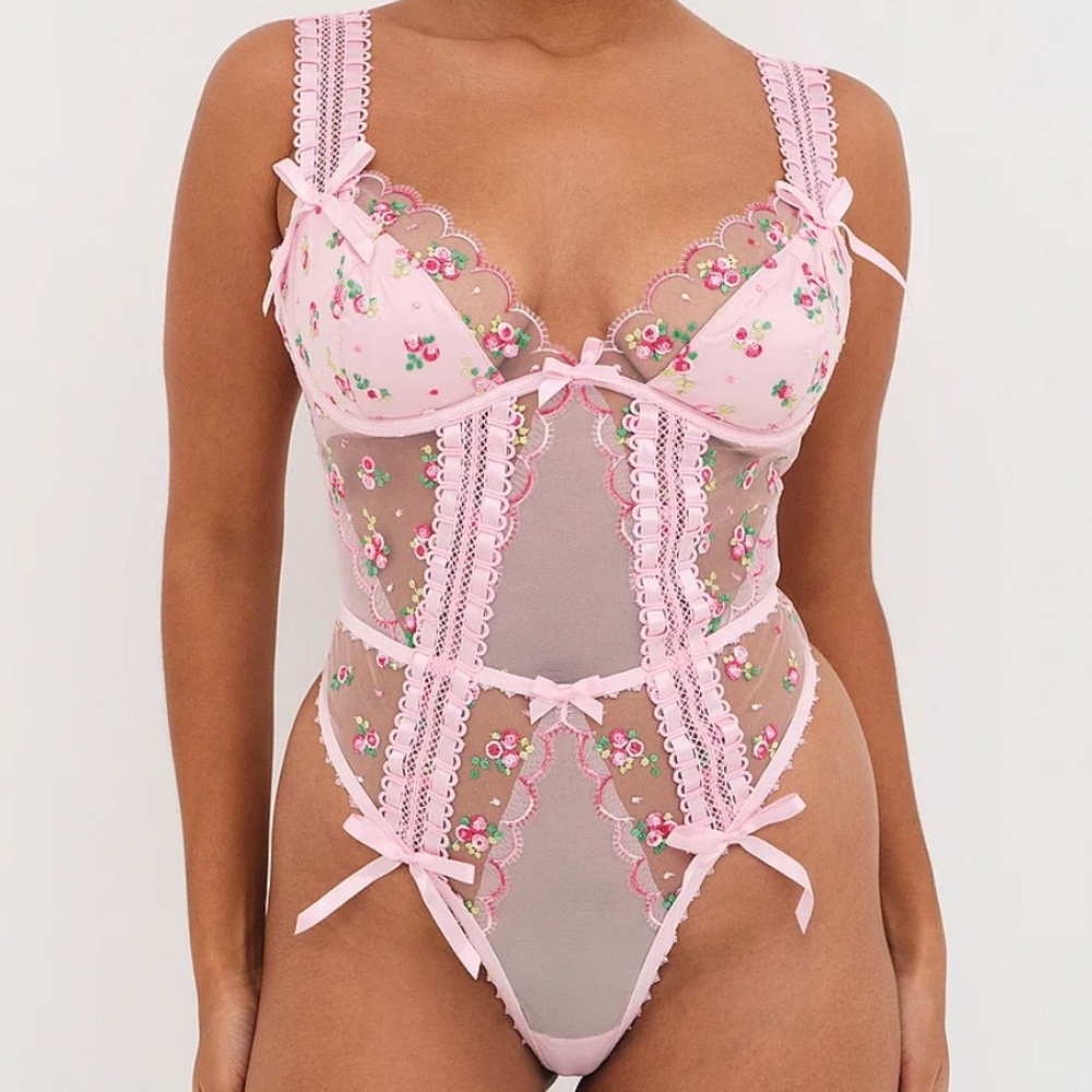 NWT $159 For Love & Lemons S M Maisie Embroidery Teddy Bodysuit Bows Floral
